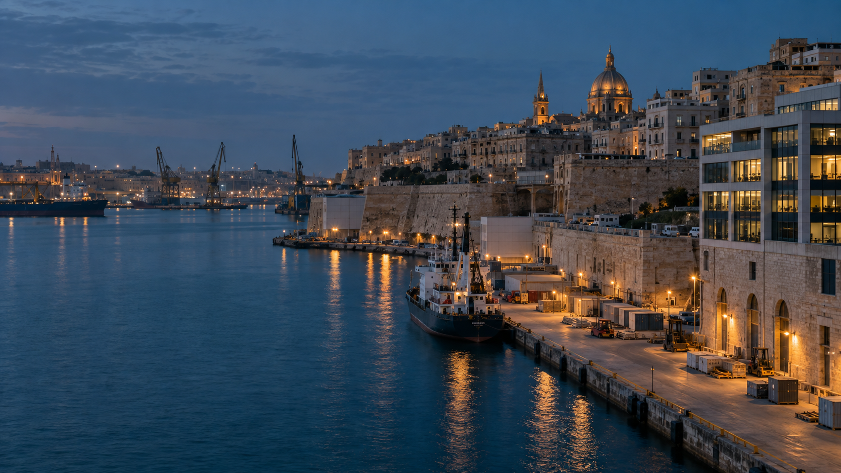 Valletta waterfront and commercial harbour in Malta