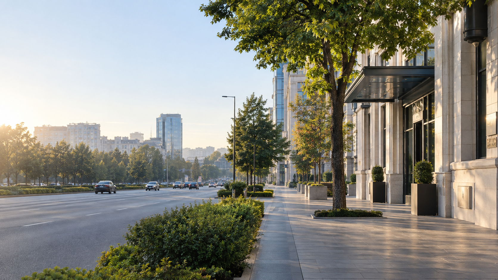 Tree-lined business district in Chișinău, Moldova