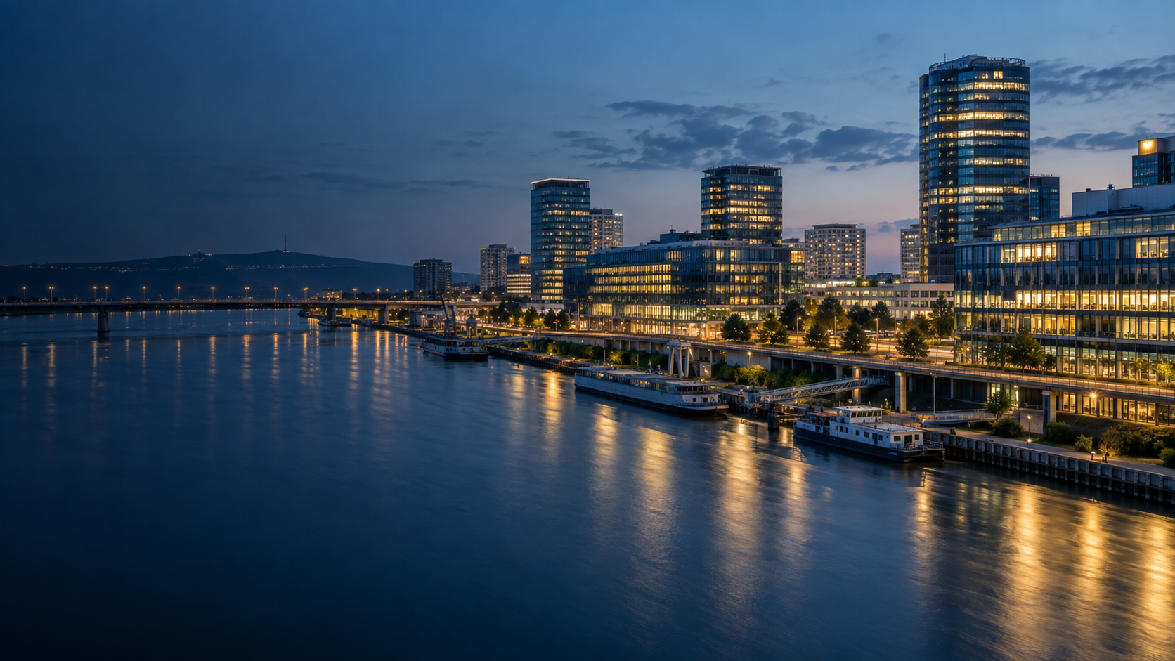 Modern riverside business district in Bratislava, Slovakia